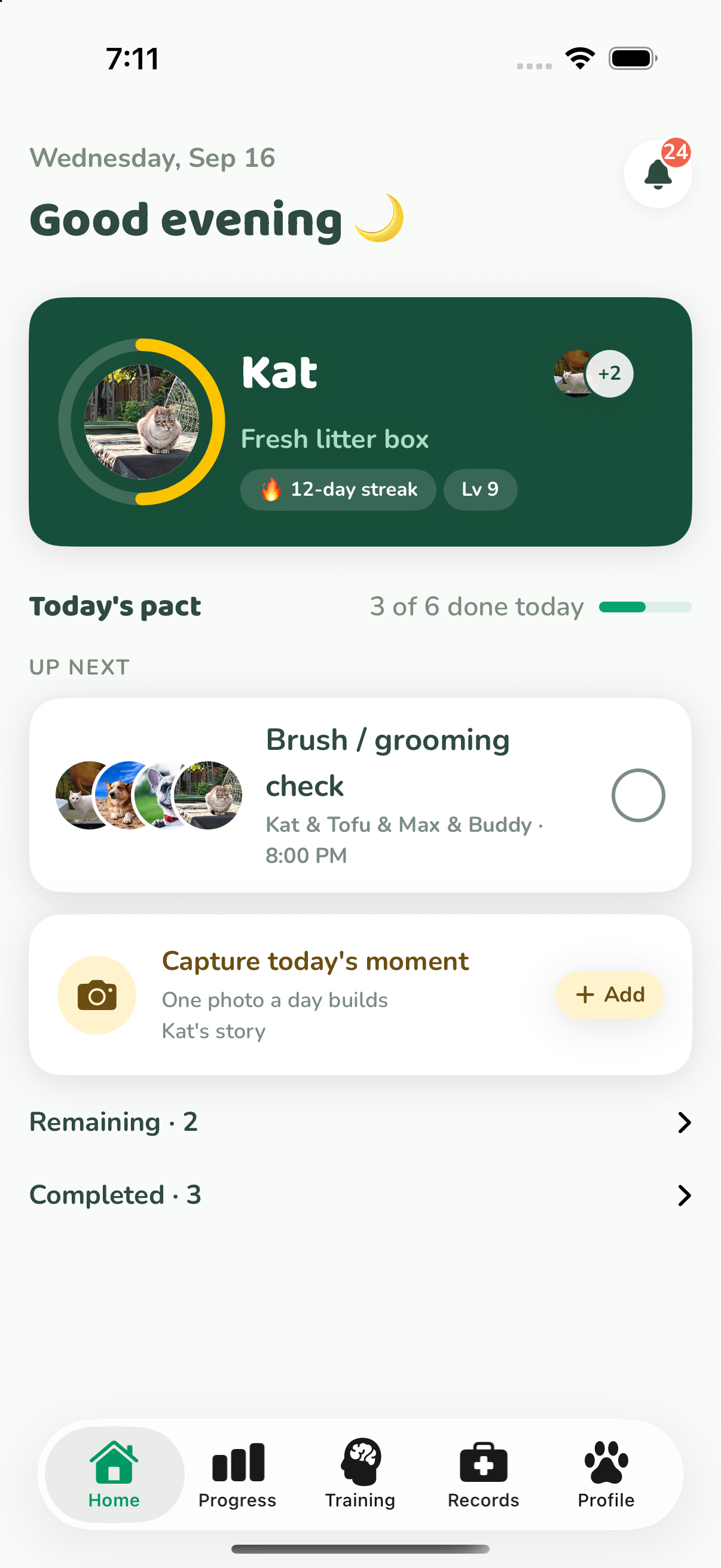 PetPact home screen showing today's care plan
